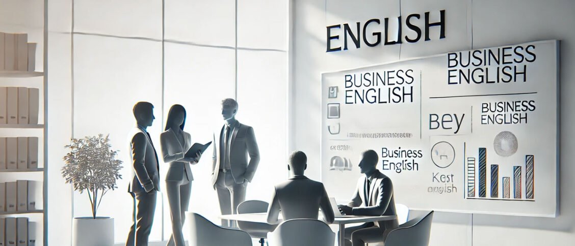Modern ve aydınlık bir iş ortamında, beyaz gölgelerle temsil edilen profesyonellerin iş İngilizcesi konularını tartışması.